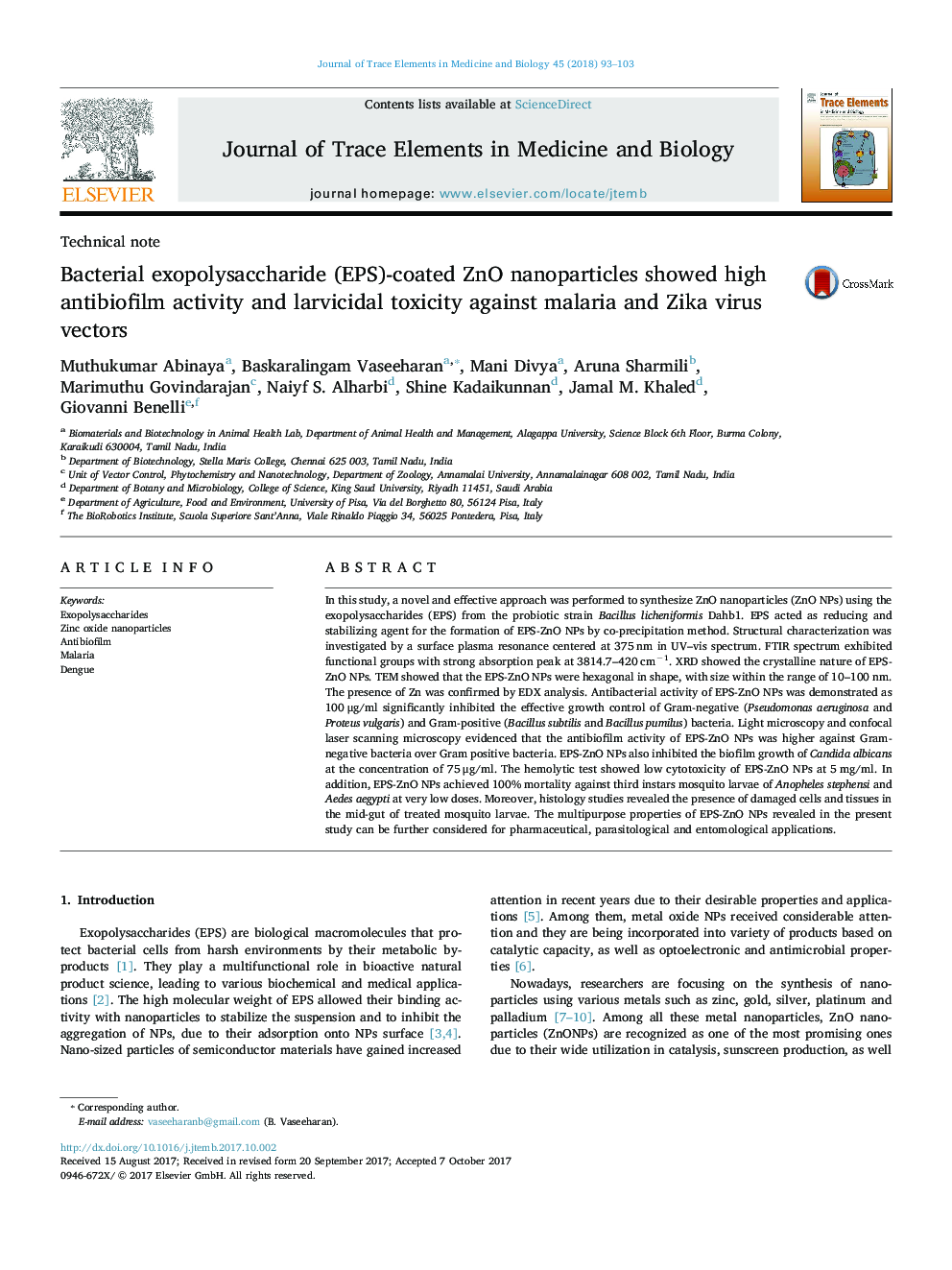 Bacterial exopolysaccharide (EPS)-coated ZnO nanoparticles showed high antibiofilm activity and larvicidal toxicity against malaria and Zika virus vectors