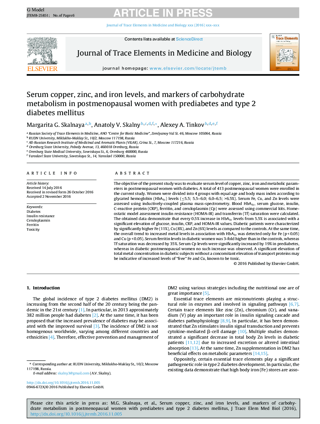 Serum copper, zinc, and iron levels, and markers of carbohydrate metabolism in postmenopausal women with prediabetes and type 2 diabetes mellitus