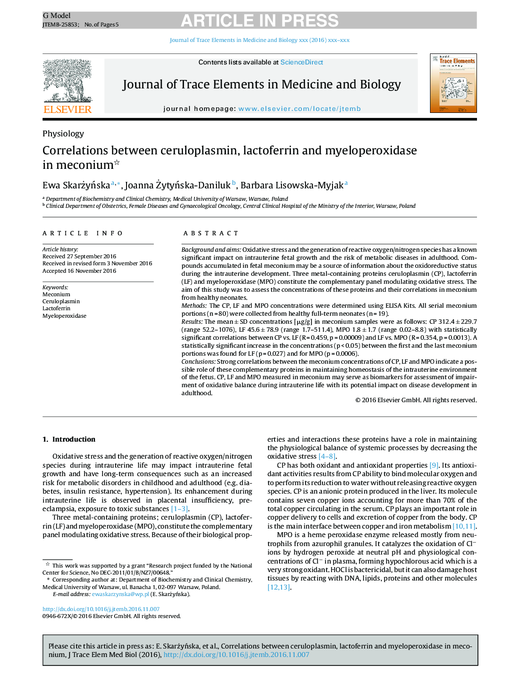 عکس صفحه اول مقاله: Correlations between ceruloplasmin, lactoferrin and myeloperoxidase in meconium Correlations between ceruloplasmin, lactoferrin and myeloperoxidase in meconium