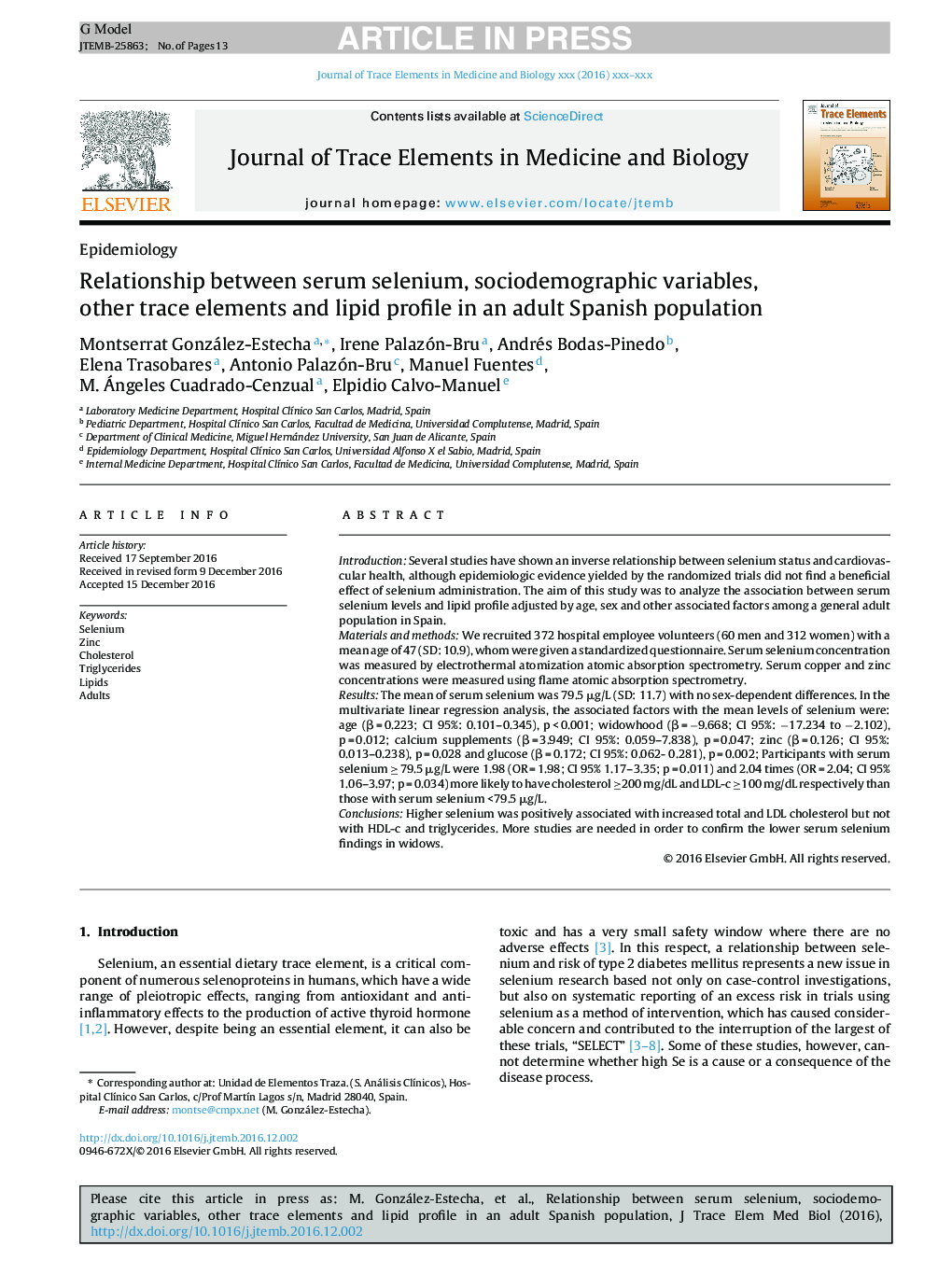 Relationship between serum selenium, sociodemographic variables, other trace elements and lipid profile in an adult Spanish population