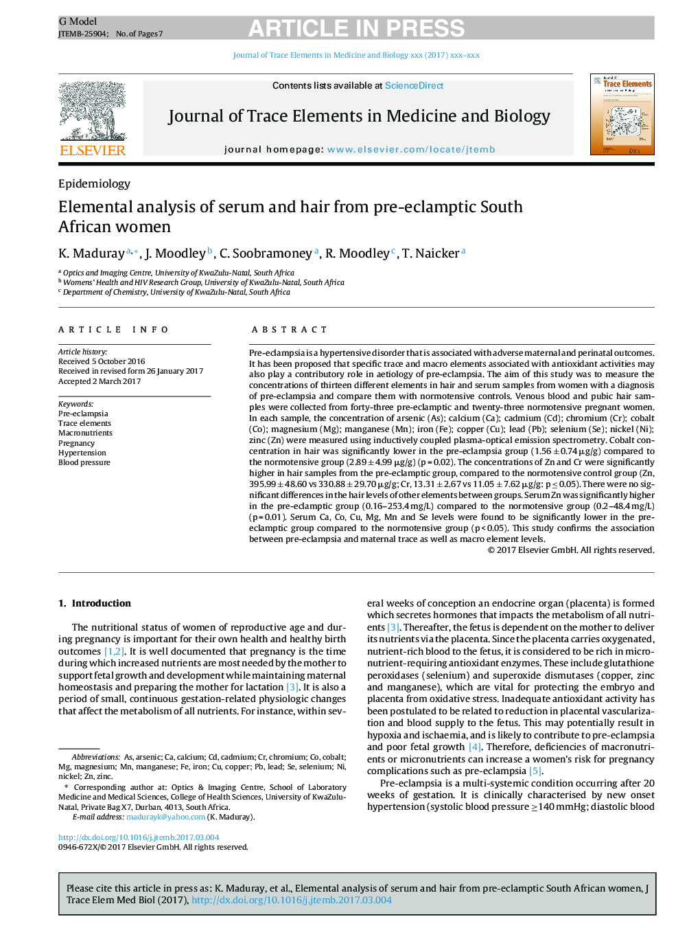 Elemental analysis of serum and hair from pre-eclamptic South African women