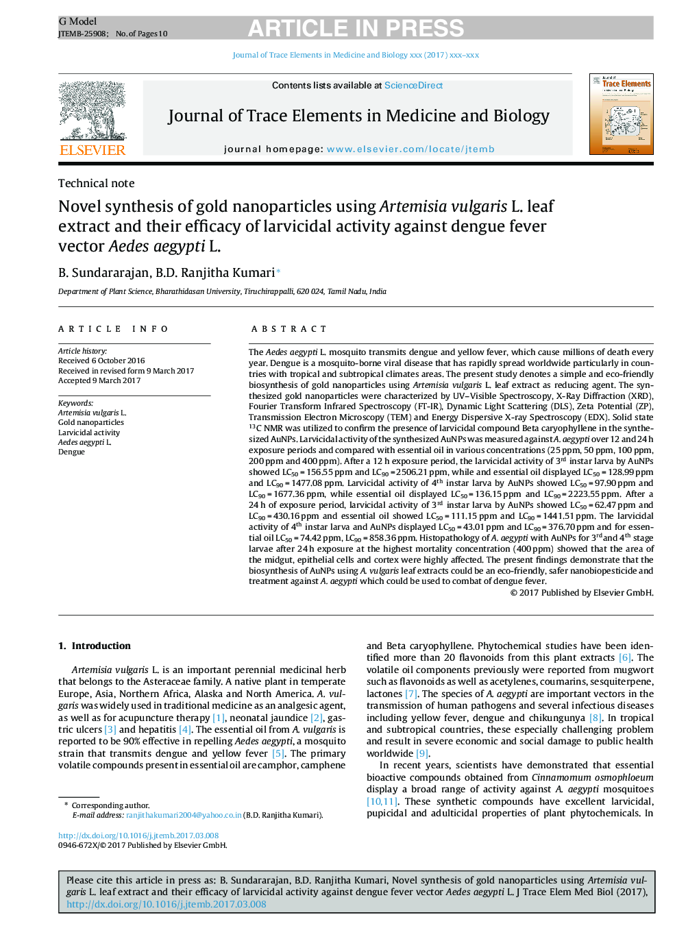 Novel synthesis of gold nanoparticles using Artemisia vulgaris L. leaf extract and their efficacy of larvicidal activity against dengue fever vector Aedes aegypti L.