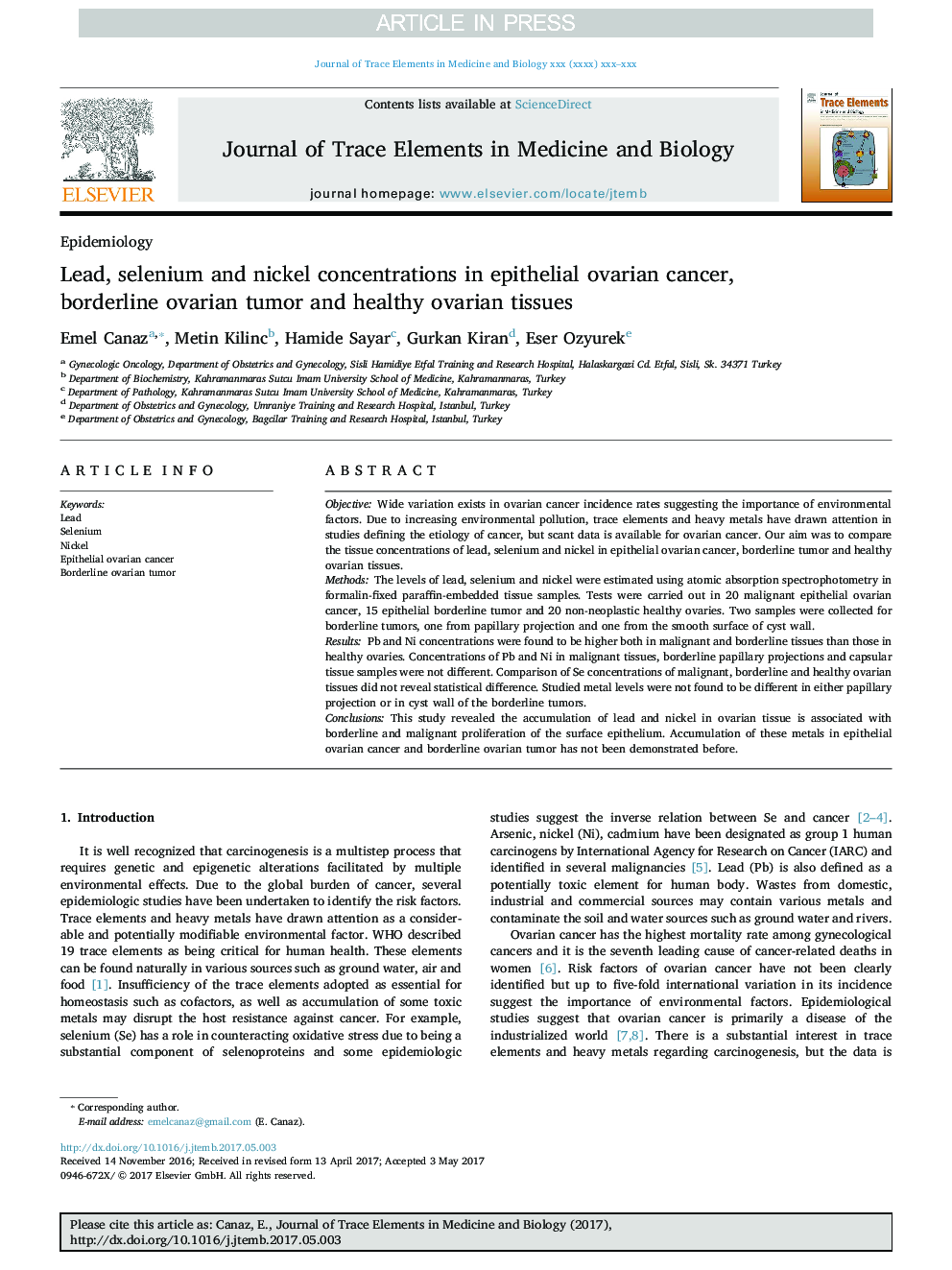 Lead, selenium and nickel concentrations in epithelial ovarian cancer, borderline ovarian tumor and healthy ovarian tissues