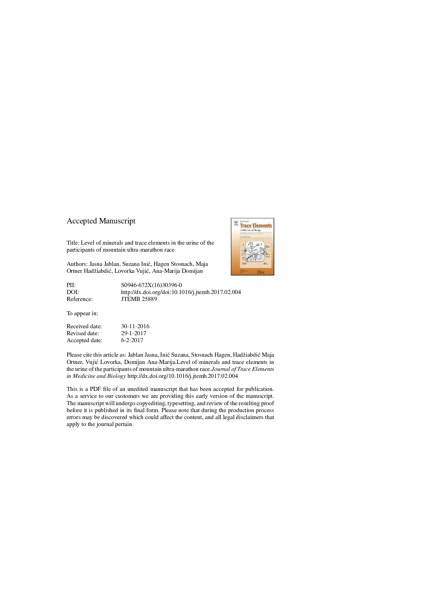 Level of minerals and trace elements in the urine of the participants of mountain ultra-marathon race