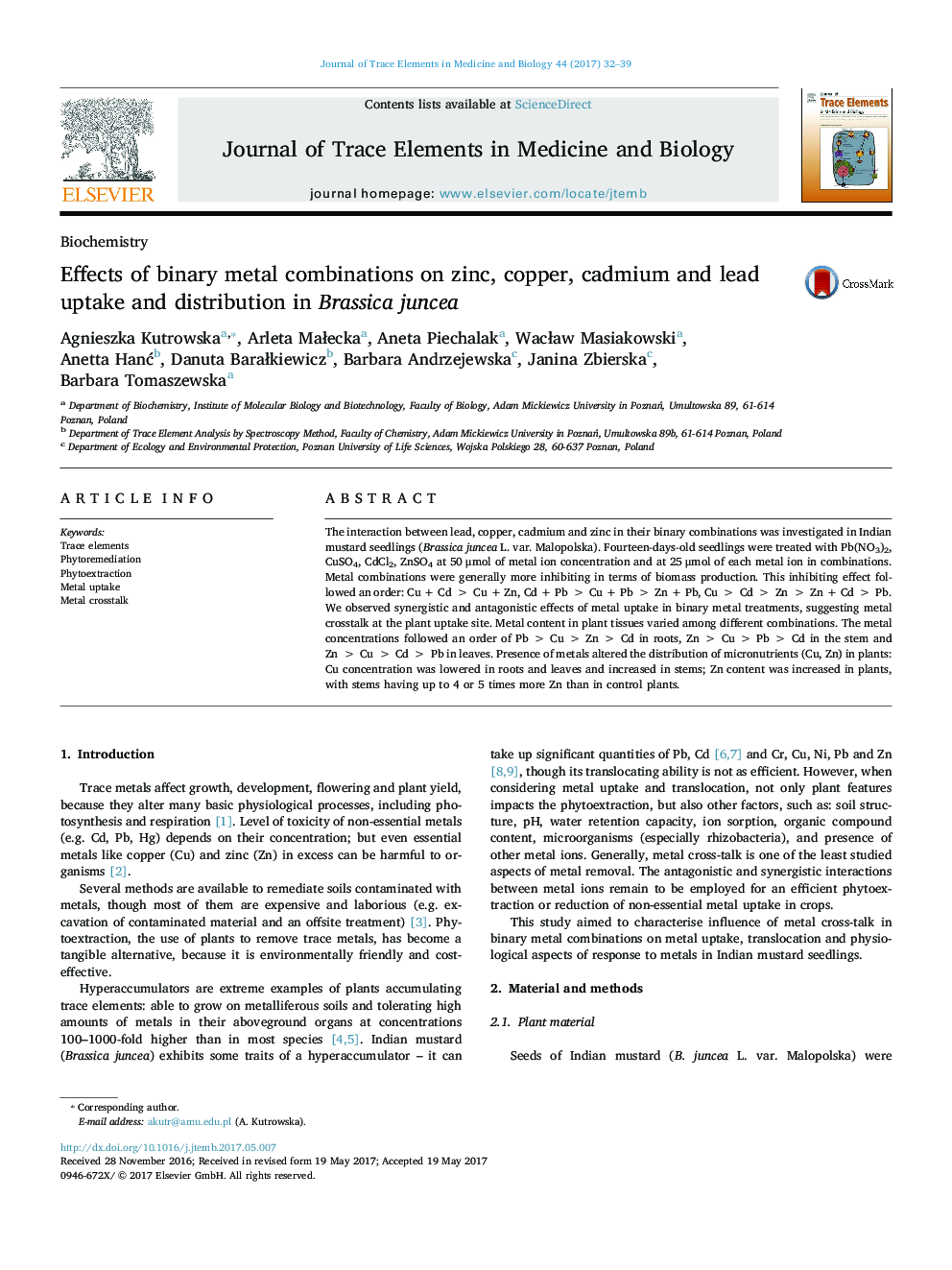 Effects of binary metal combinations on zinc, copper, cadmium and lead uptake and distribution in Brassica juncea