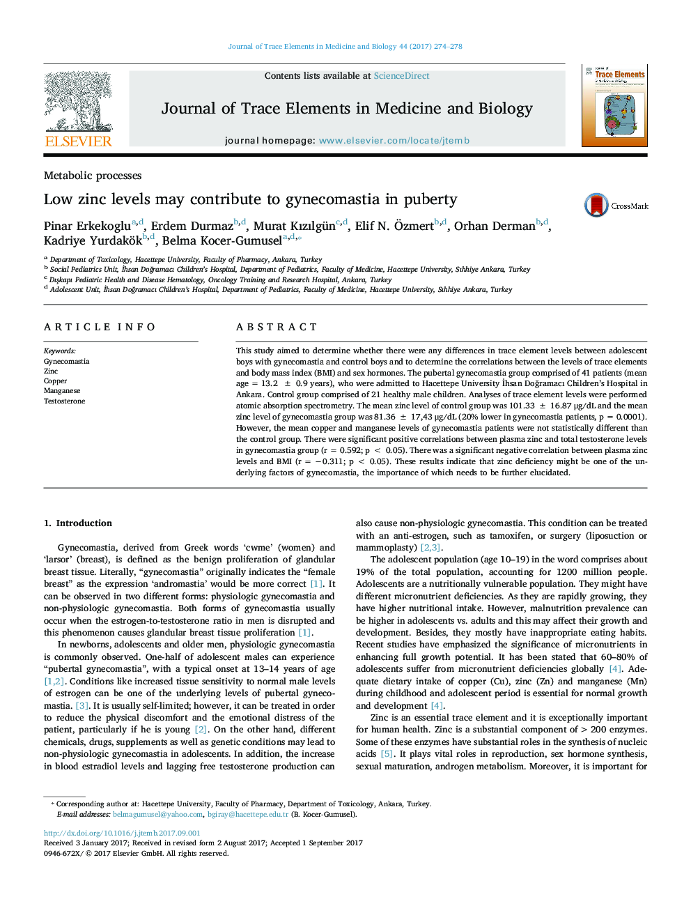 Low zinc levels may contribute to gynecomastia in puberty