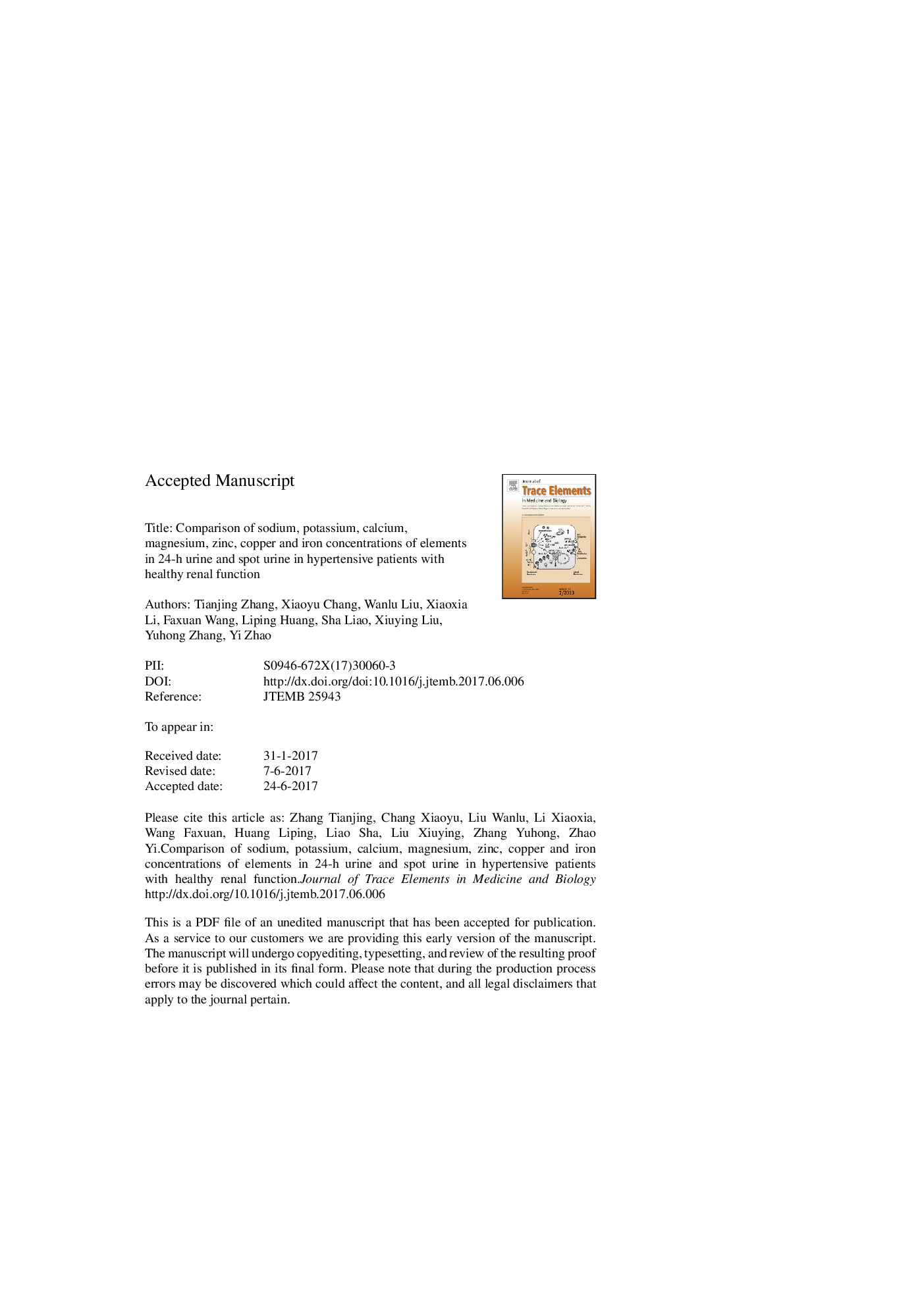 Comparison of sodium, potassium, calcium, magnesium, zinc, copper and iron concentrations of elements in 24-h urine and spot urine in hypertensive patients with healthy renal function