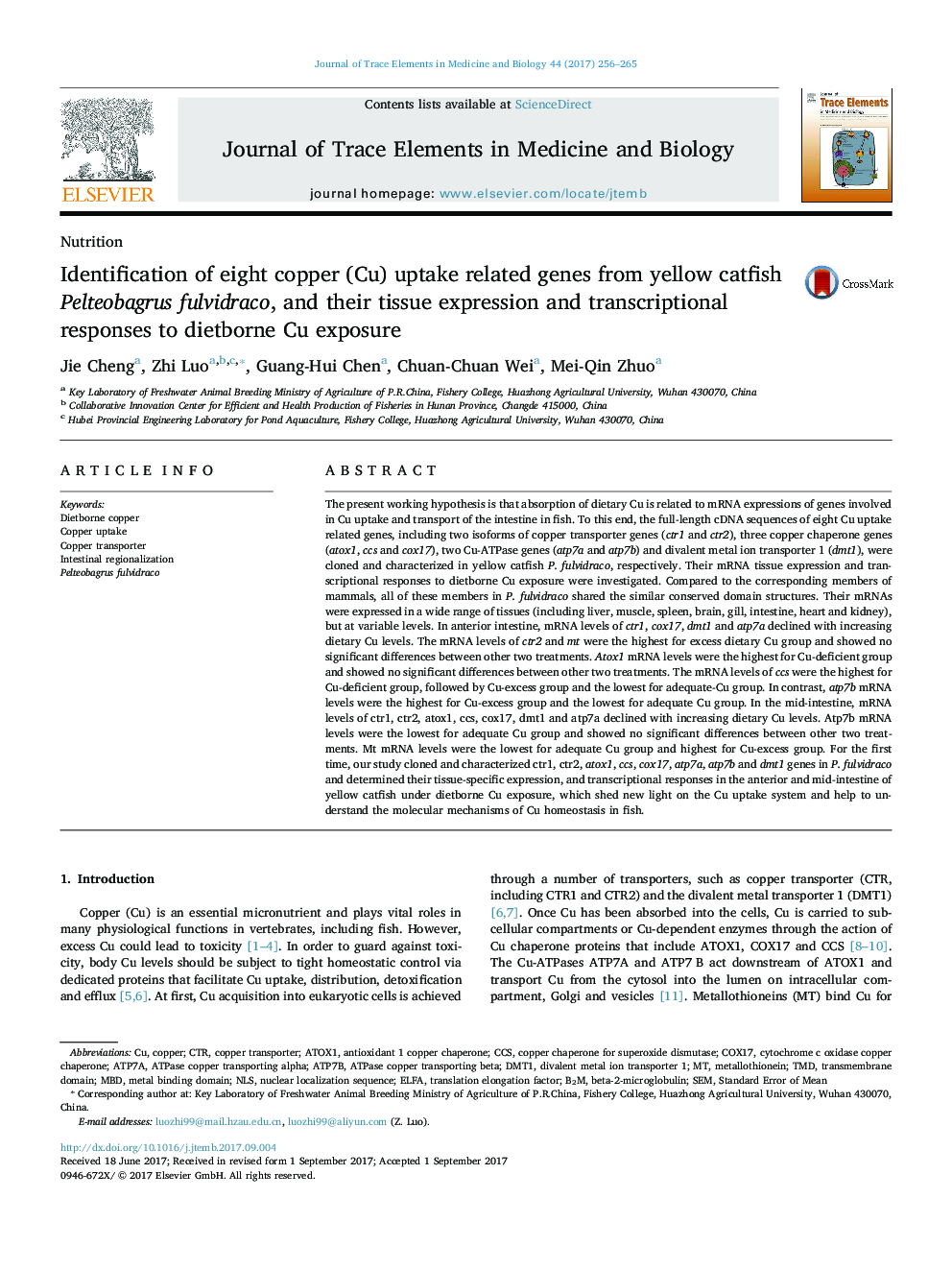 عکس صفحه اول مقاله: Identification of eight copper (Cu) uptake related genes from yellow catfish Pelteobagrus fulvidraco, and their tissue expression and transcriptional responses to dietborne Cu exposure Identification of eight copper (Cu) uptake related genes from yellow catfish Pelteobagrus fulvidraco, and their tissue expression and transcriptional responses to dietborne Cu exposure