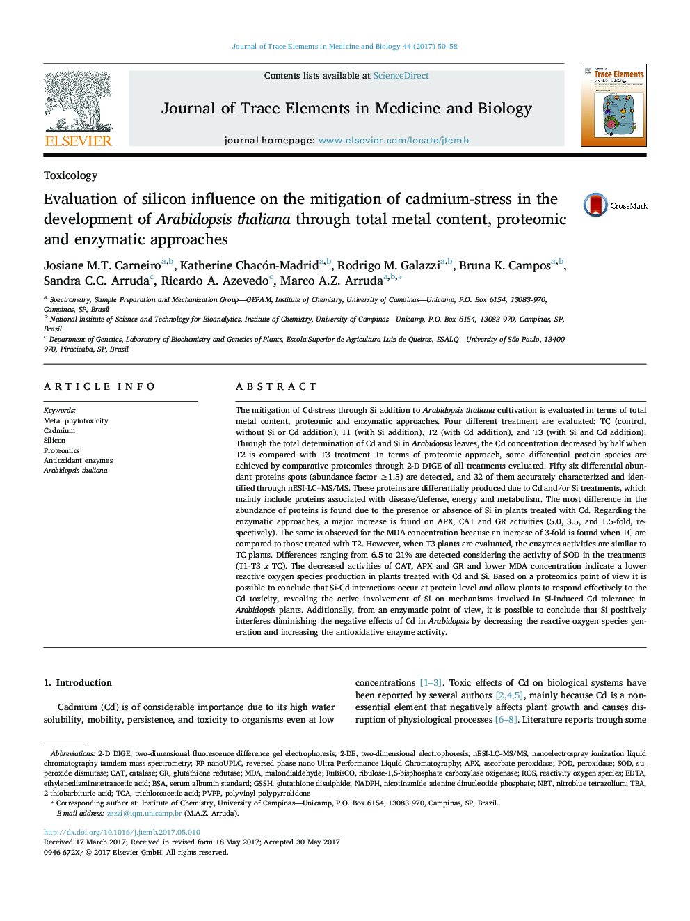 Evaluation of silicon influence on the mitigation of cadmium-stress in the development of Arabidopsis thaliana through total metal content, proteomic and enzymatic approaches