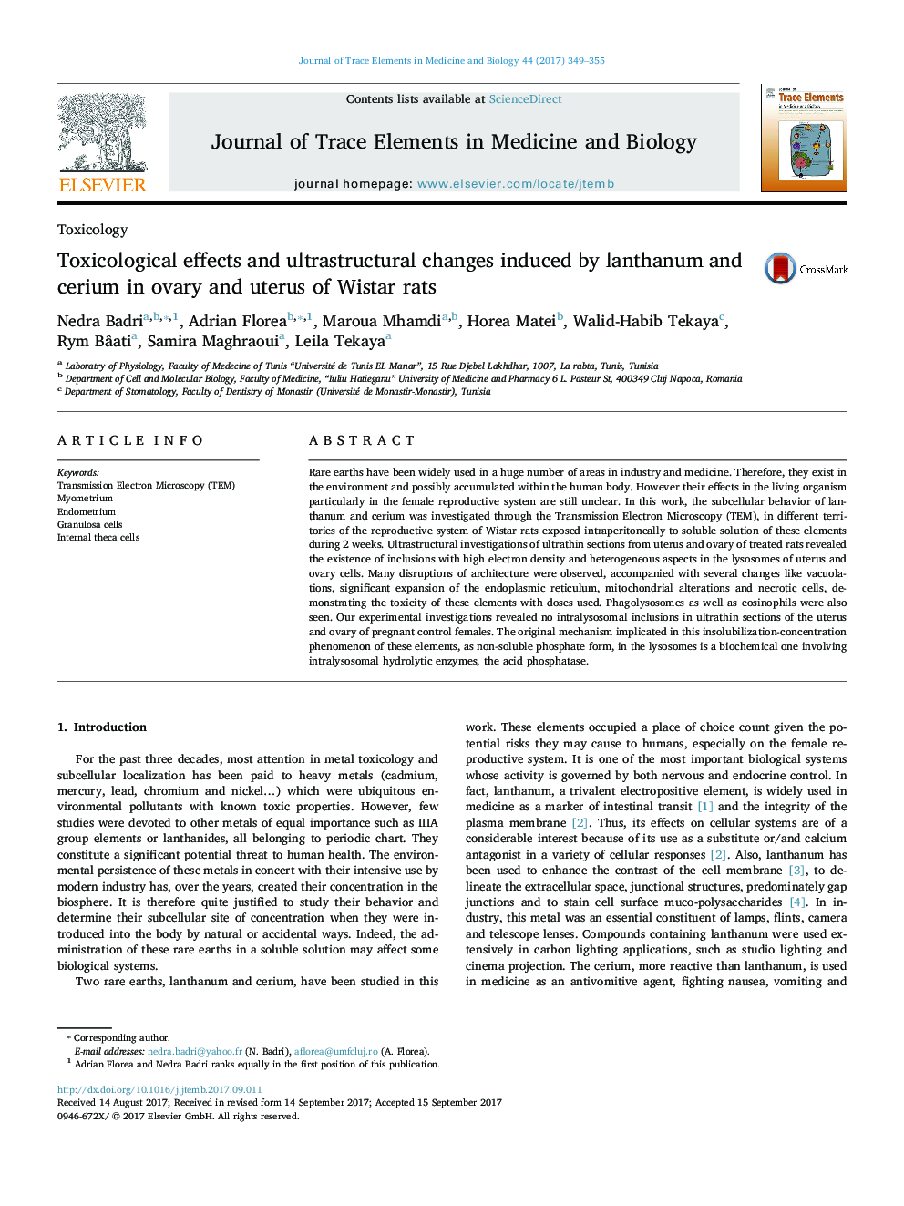 Toxicological effects and ultrastructural changes induced by lanthanum and cerium in ovary and uterus of Wistar rats