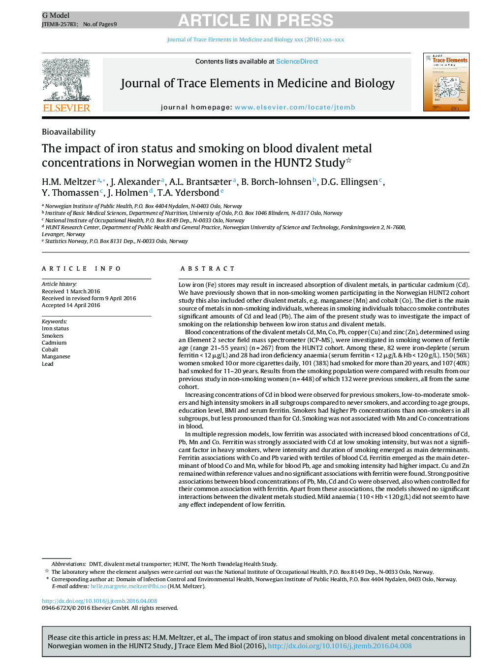 عکس صفحه اول مقاله: The impact of iron status and smoking on blood divalent metal concentrations in Norwegian women in the HUNT2 Study The impact of iron status and smoking on blood divalent metal concentrations in Norwegian women in the HUNT2 Study