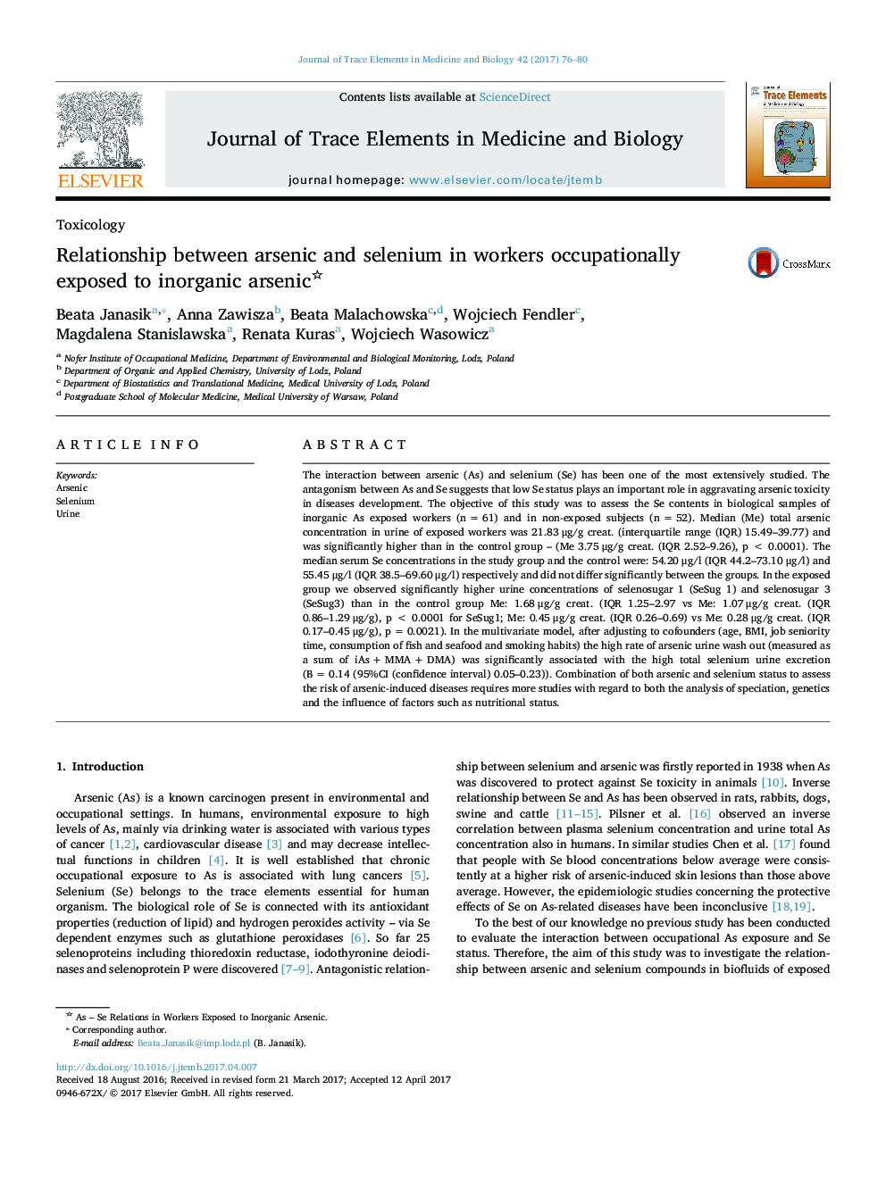 Relationship between arsenic and selenium in workers occupationally exposed to inorganic arsenic