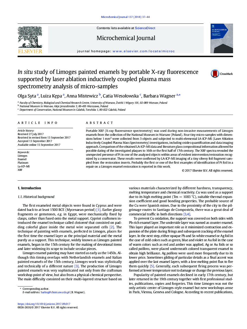 In situ study of Limoges painted enamels by portable X-ray fluorescence supported by laser ablation inductively coupled plasma mass spectrometry analysis of micro-samples