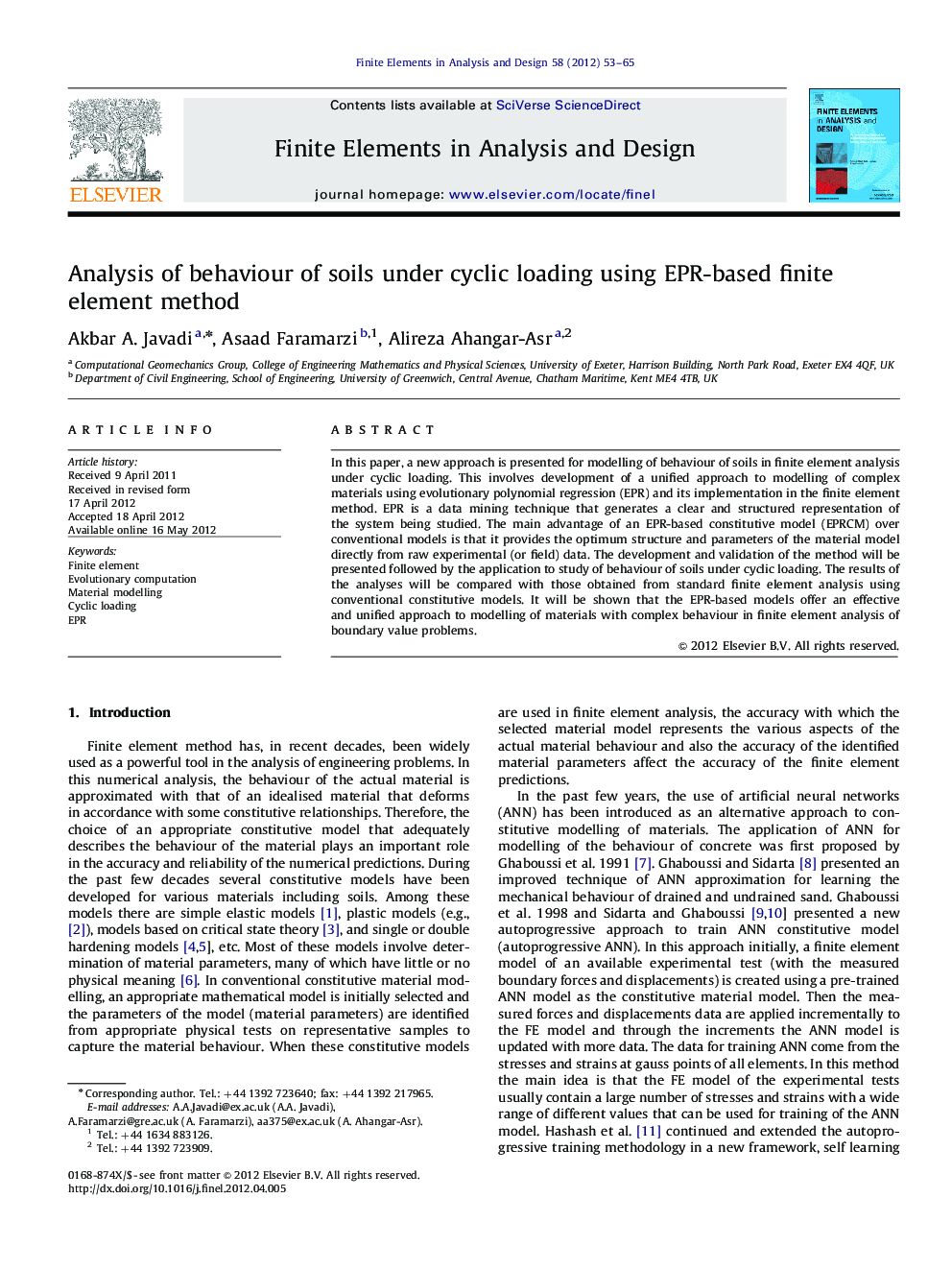 Analysis of behaviour of soils under cyclic loading using EPR-based finite element method