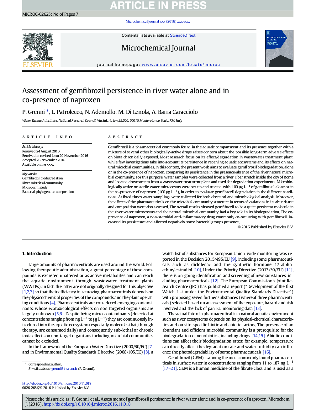 Assessment of gemfibrozil persistence in river water alone and in co-presence of naproxen