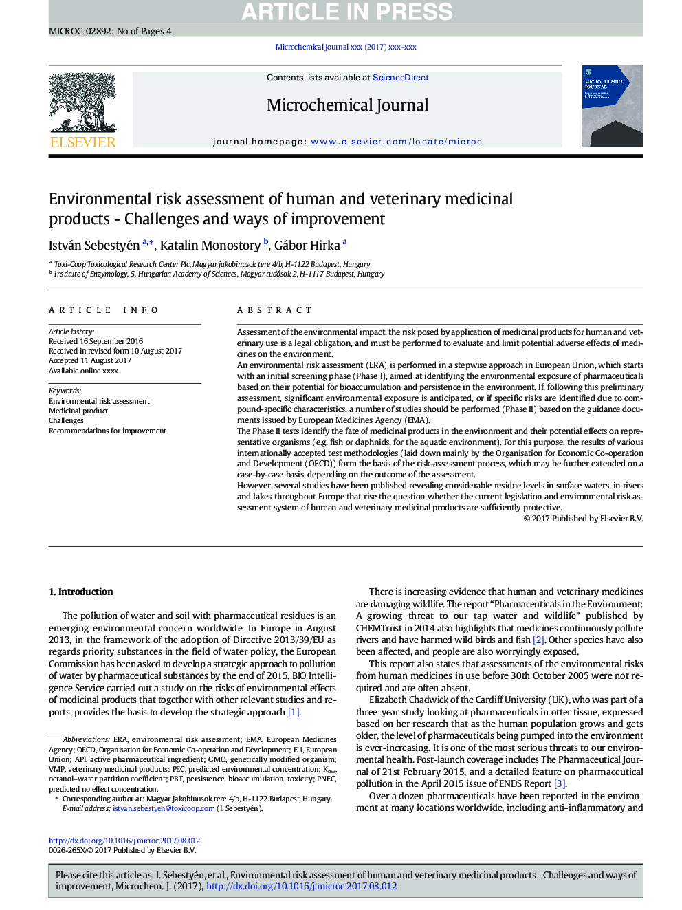 Environmental risk assessment of human and veterinary medicinal products - Challenges and ways of improvement