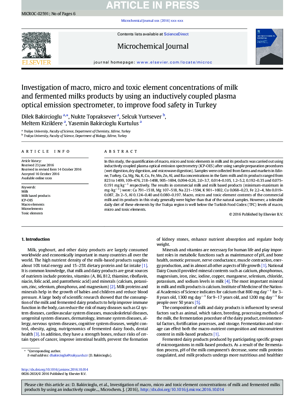 Investigation of macro, micro and toxic element concentrations of milk and fermented milks products by using an inductively coupled plasma optical emission spectrometer, to improve food safety in Turkey