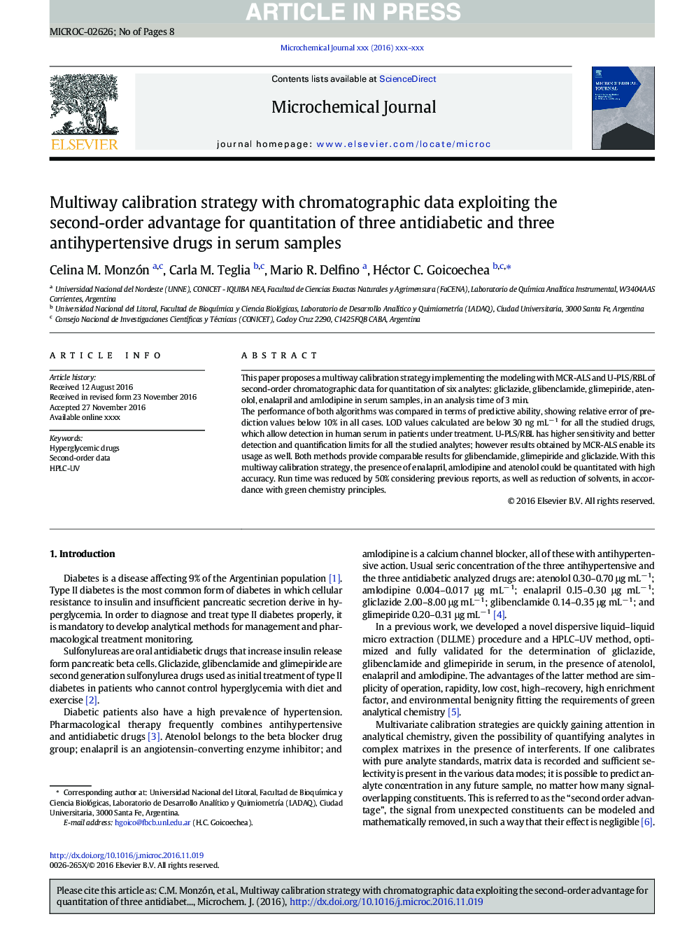 Multiway calibration strategy with chromatographic data exploiting the second-order advantage for quantitation of three antidiabetic and three antihypertensive drugs in serum samples