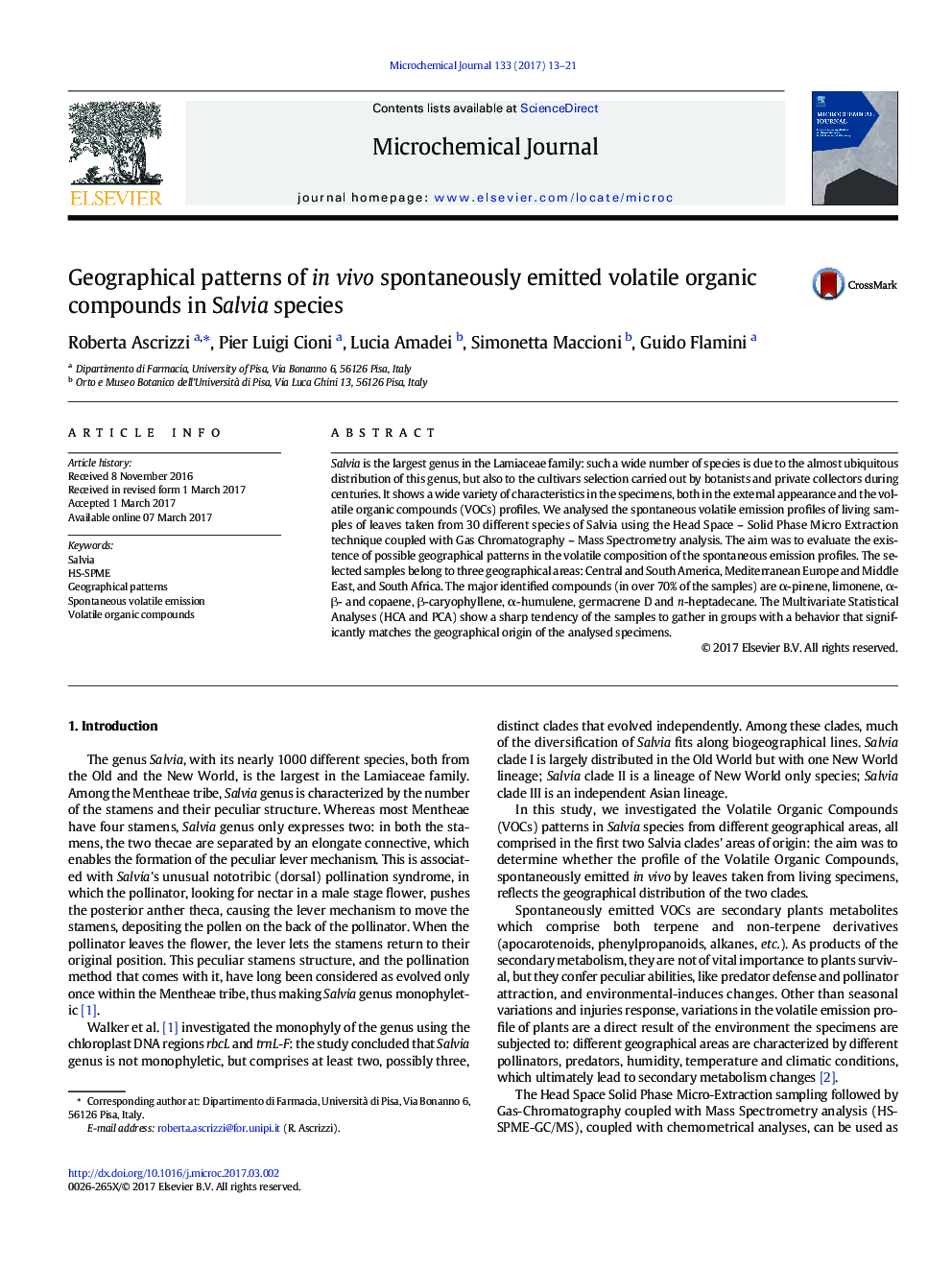 Geographical patterns of in vivo spontaneously emitted volatile organic compounds in Salvia species