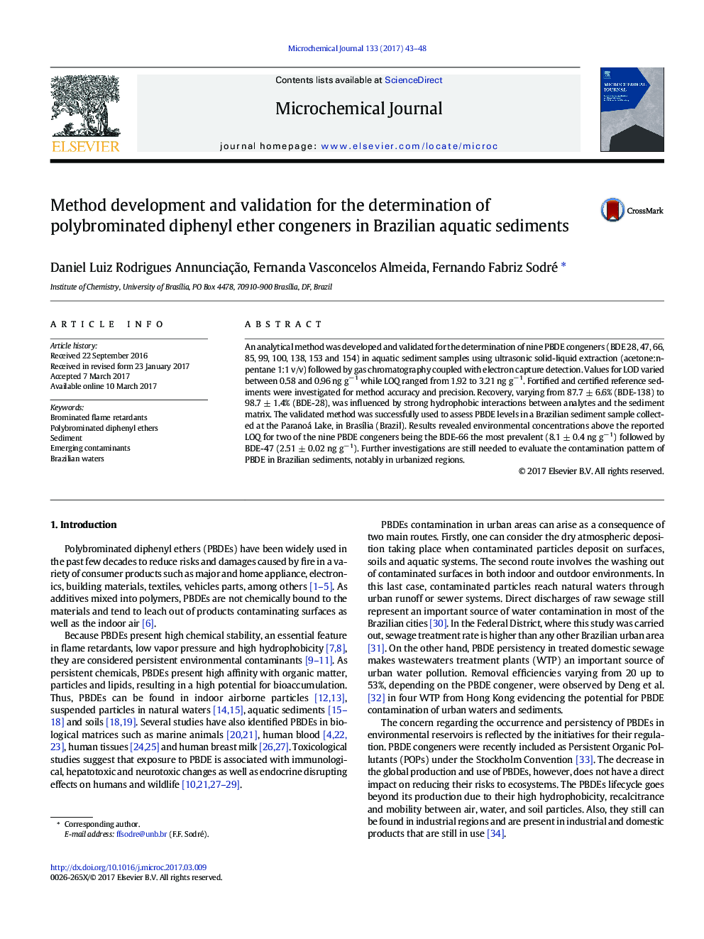 Method development and validation for the determination of polybrominated diphenyl ether congeners in Brazilian aquatic sediments