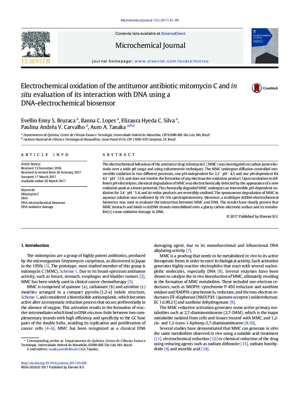 Electrochemical oxidation of the antitumor antibiotic mitomycin C and in situ evaluation of its interaction with DNA using a DNA-electrochemical biosensor