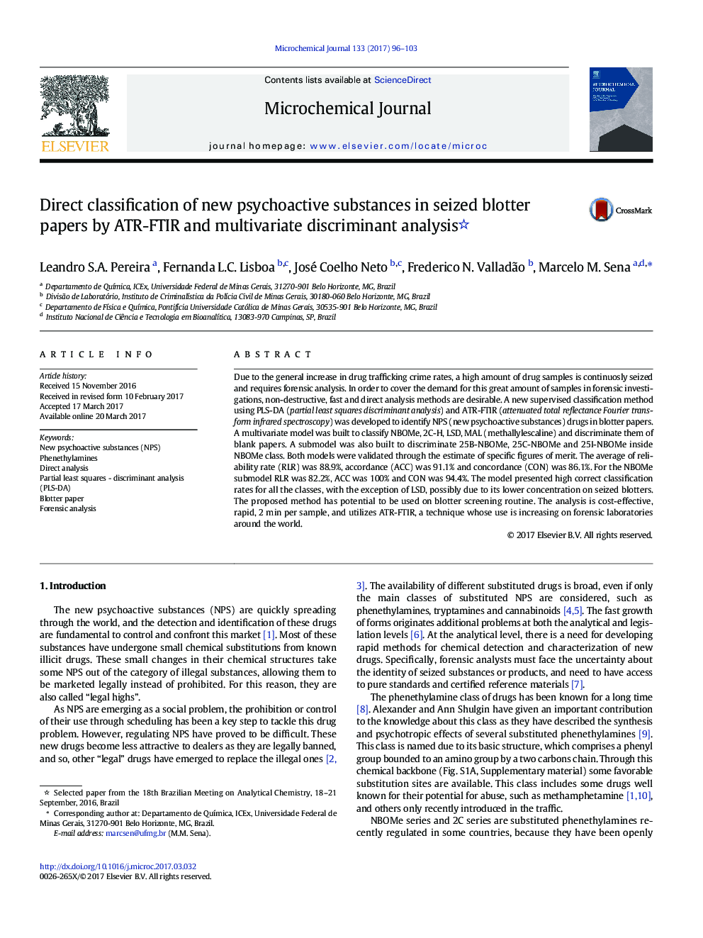 Direct classification of new psychoactive substances in seized blotter papers by ATR-FTIR and multivariate discriminant analysis