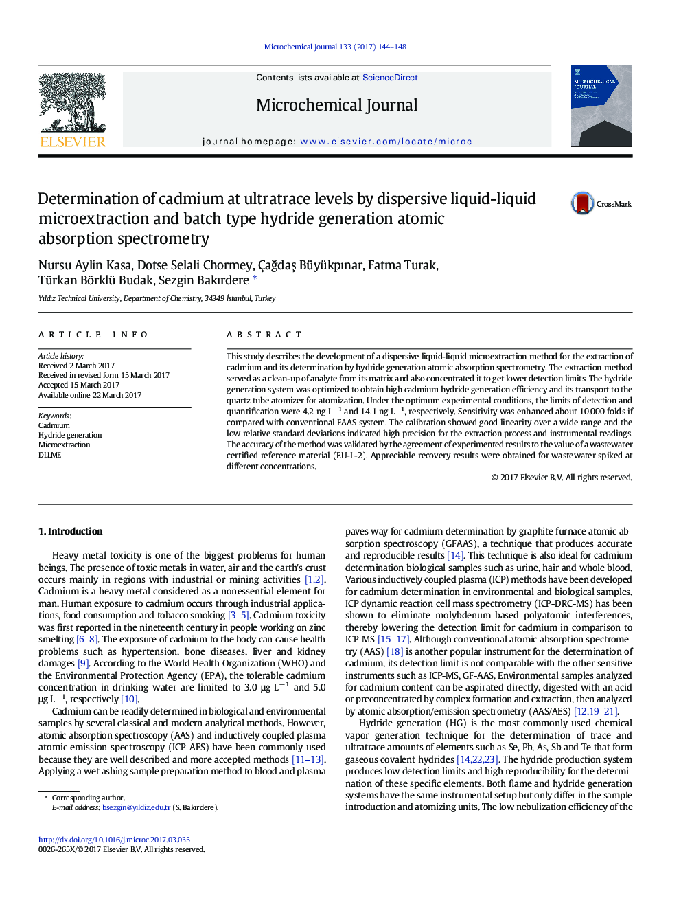 Determination of cadmium at ultratrace levels by dispersive liquid-liquid microextraction and batch type hydride generation atomic absorption spectrometry