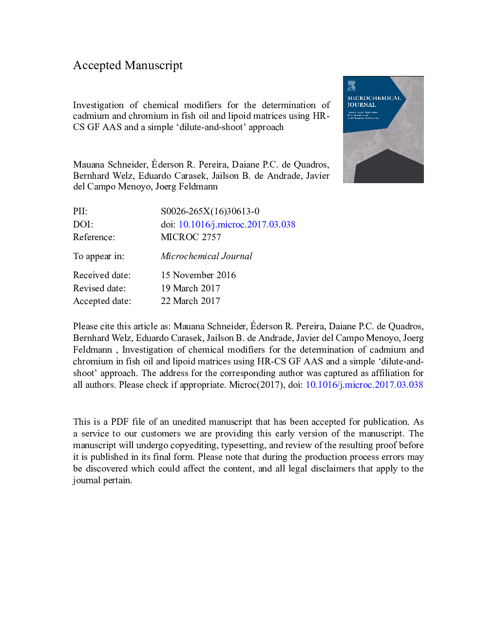 Investigation of chemical modifiers for the determination of cadmium and chromium in fish oil and lipoid matrices using HR-CS GF AAS and a simple 'dilute-and-shoot' approach