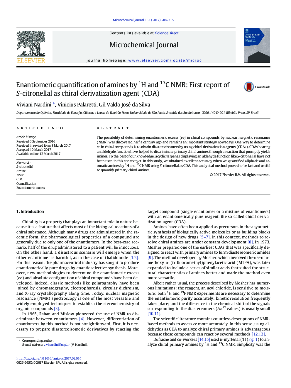 Enantiomeric quantification of amines by 1H and 13C NMR: First report of S-citronellal as chiral derivatization agent (CDA)