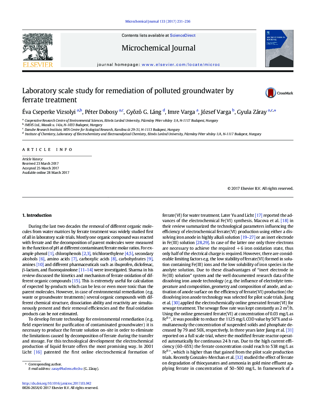 Laboratory scale study for remediation of polluted groundwater by ferrate treatment