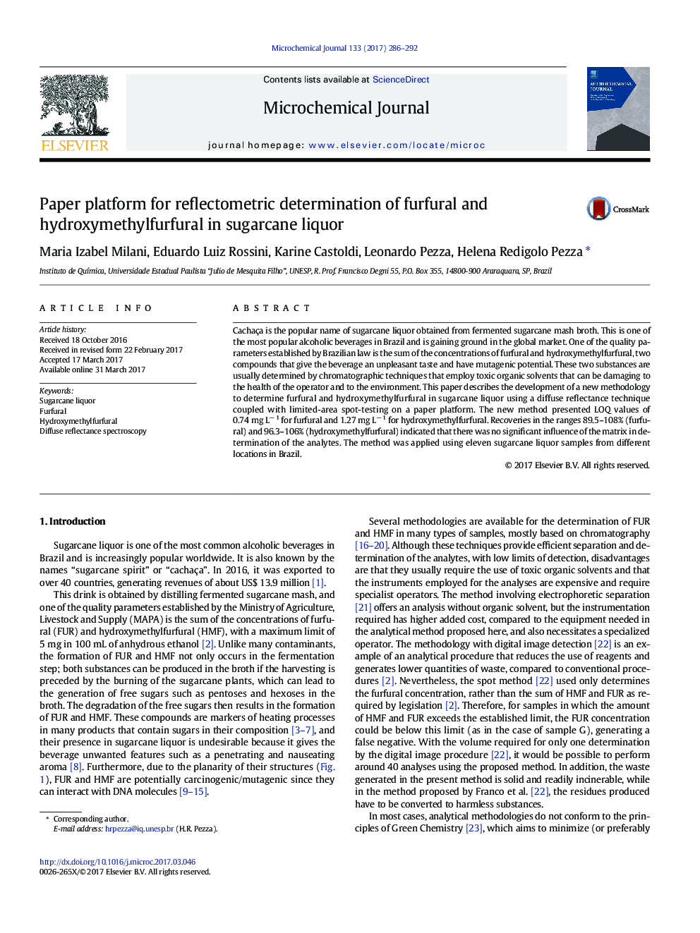 Paper platform for reflectometric determination of furfural and hydroxymethylfurfural in sugarcane liquor