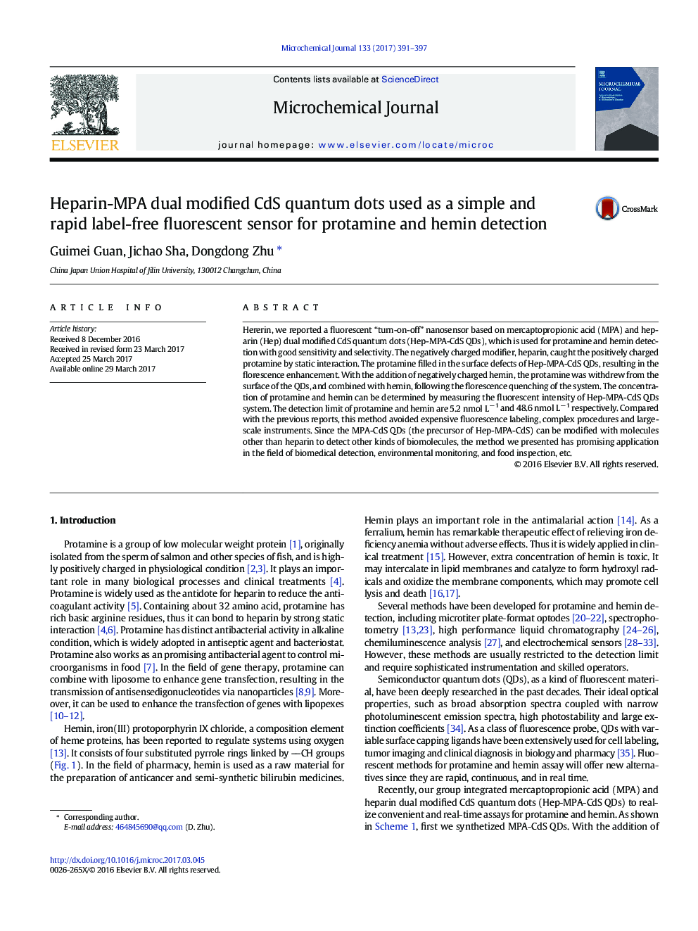 Heparin-MPA dual modified CdS quantum dots used as a simple and rapid label-free fluorescent sensor for protamine and hemin detection