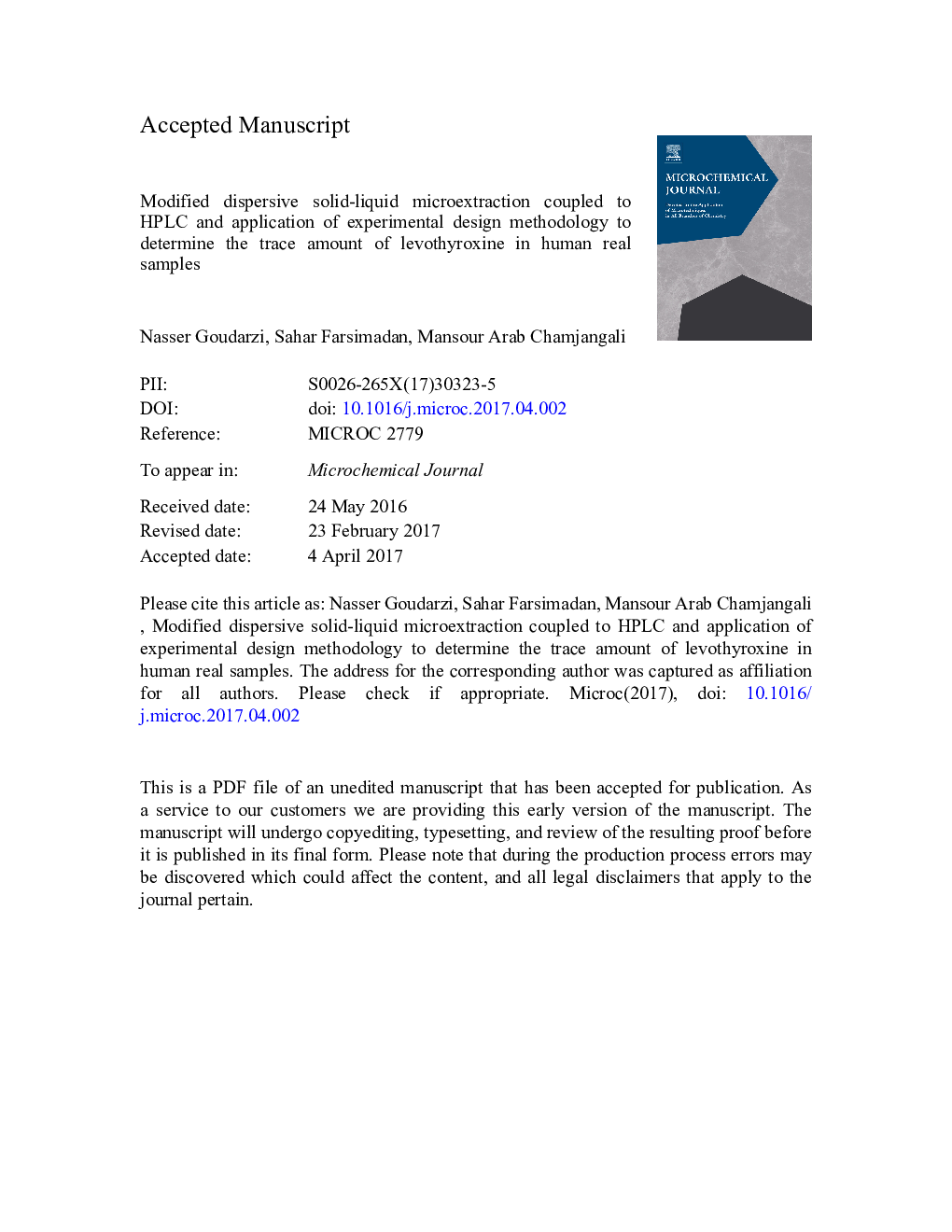 Modified dispersive solid-liquid microextraction coupled to HPLC and application of experimental design methodology to determine the trace amount of levothyroxine in human real samples