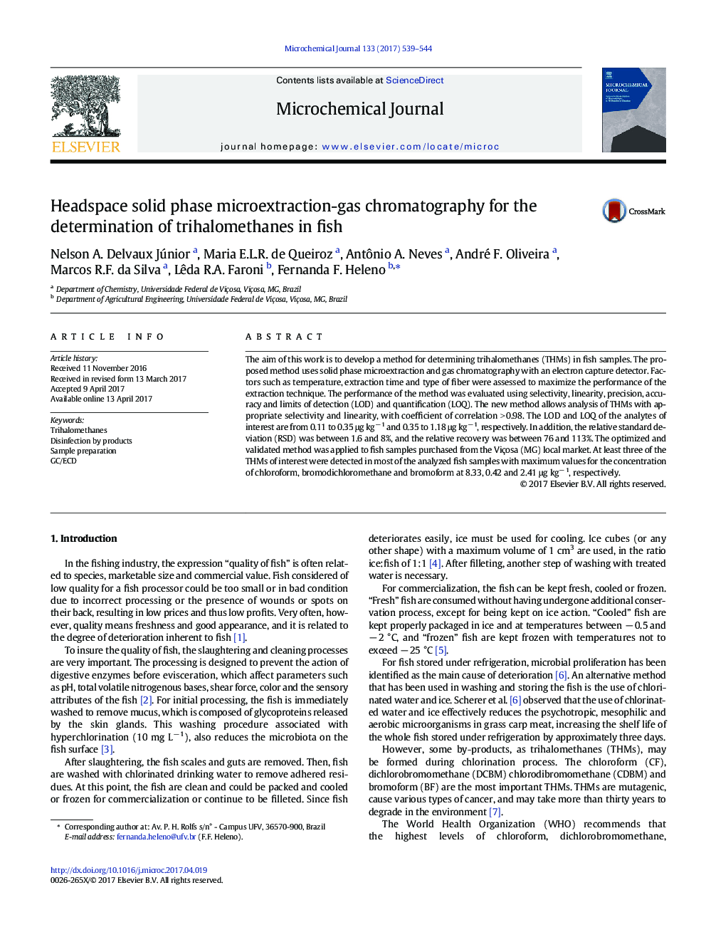 Headspace solid phase microextraction-gas chromatography for the determination of trihalomethanes in fish