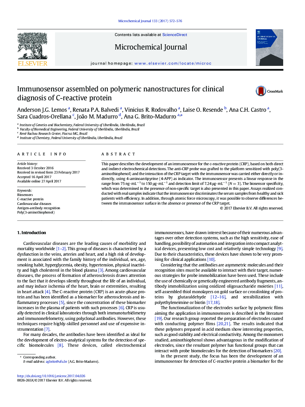 Immunosensor assembled on polymeric nanostructures for clinical diagnosis of C-reactive protein