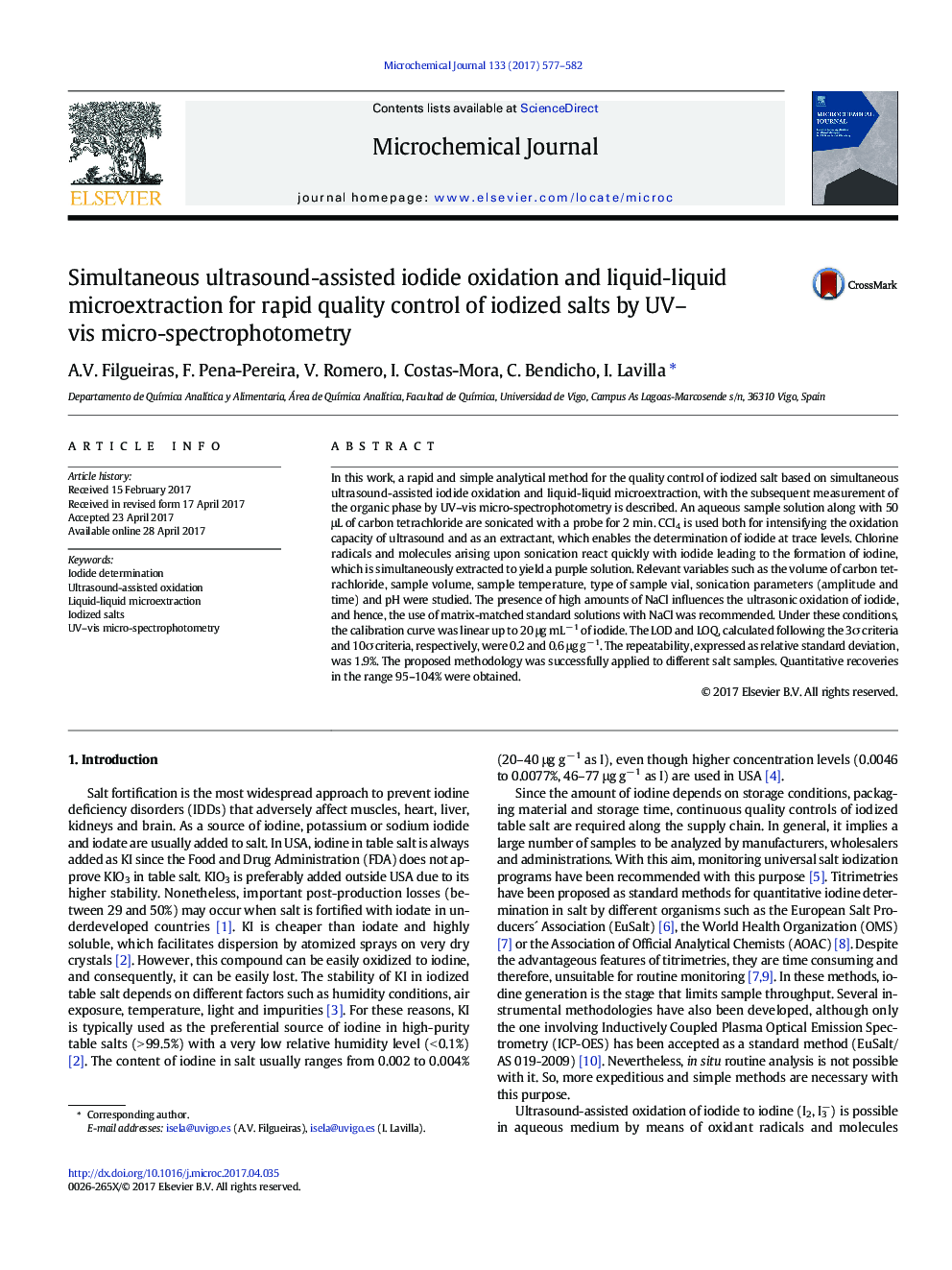 Simultaneous ultrasound-assisted iodide oxidation and liquid-liquid microextraction for rapid quality control of iodized salts by UV-vis micro-spectrophotometry