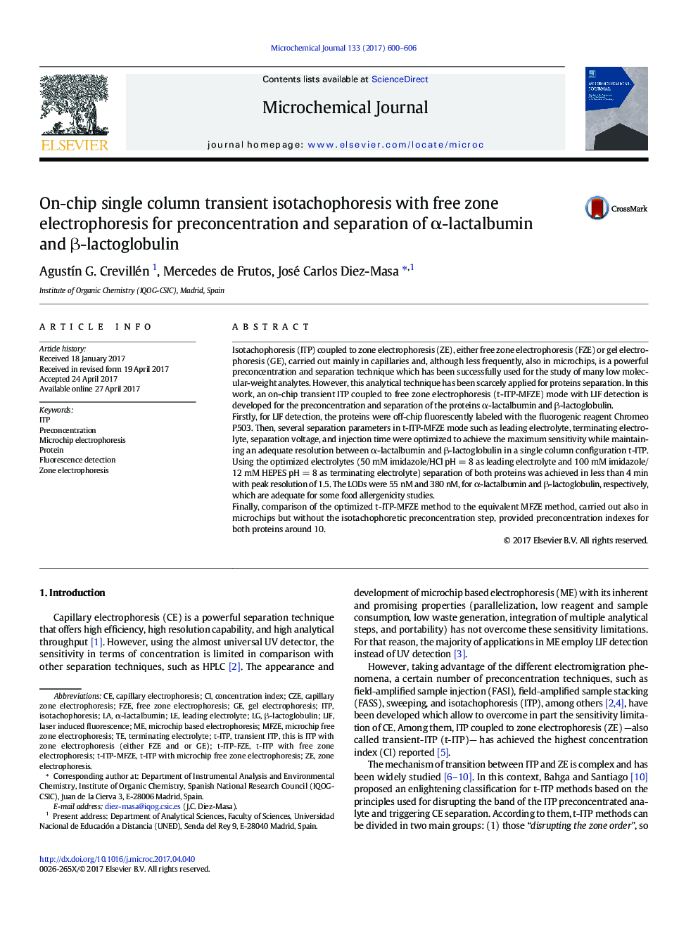 On-chip single column transient isotachophoresis with free zone electrophoresis for preconcentration and separation of Î±-lactalbumin and Î²-lactoglobulin