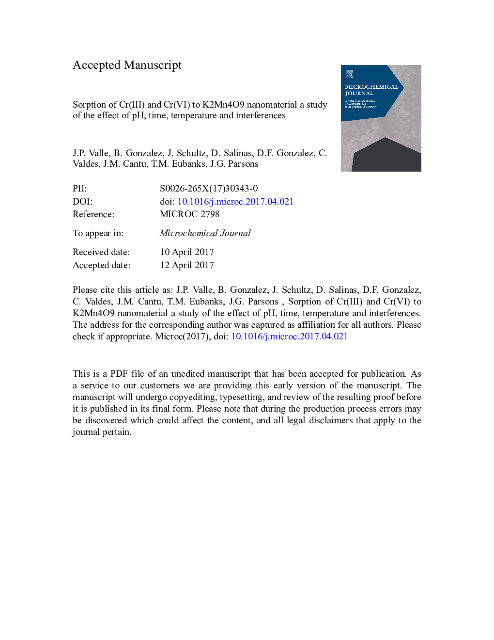 Sorption of Cr(III) and Cr(VI) to K2Mn4O9 nanomaterial a study of the effect of pH, time, temperature and interferences