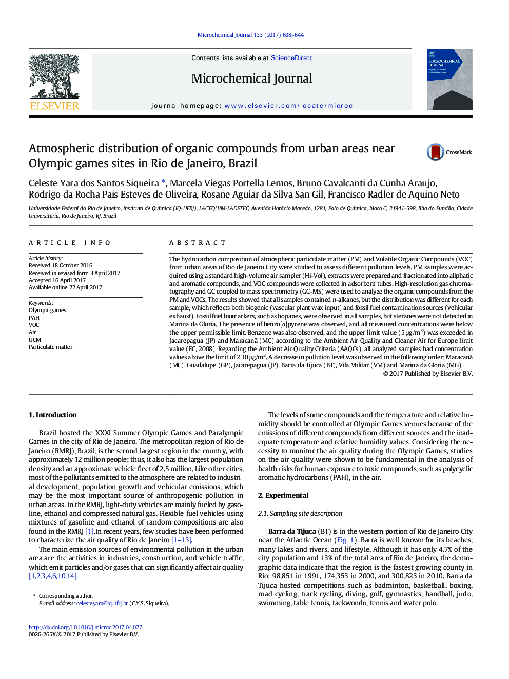 Atmospheric distribution of organic compounds from urban areas near Olympic games sites in Rio de Janeiro, Brazil