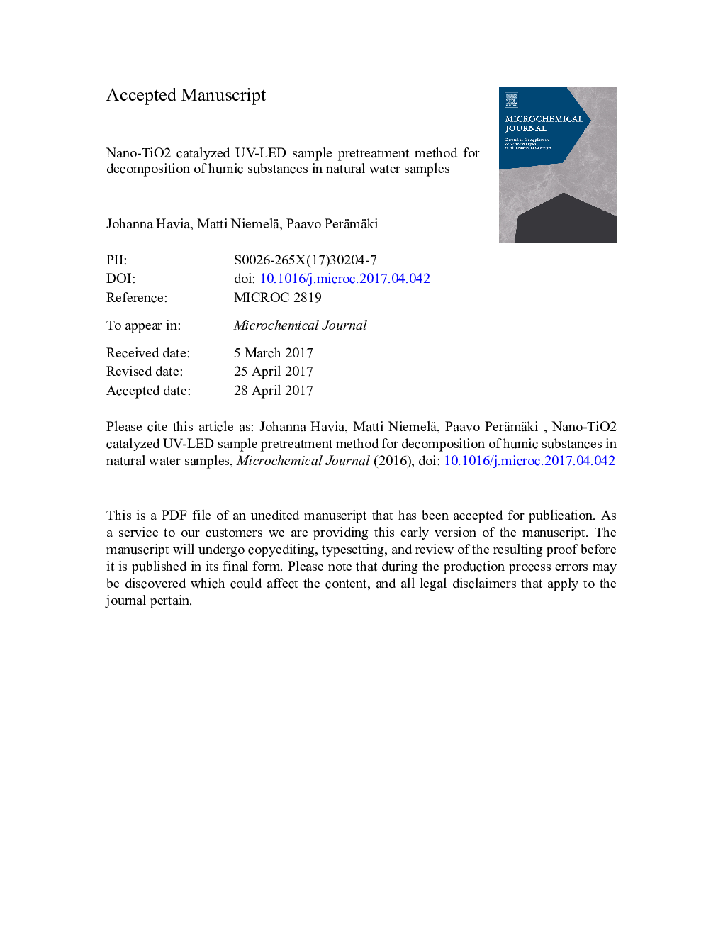 Nano-TiO2 catalyzed UV-LED sample pretreatment method for decomposition of humic substances in natural water samples