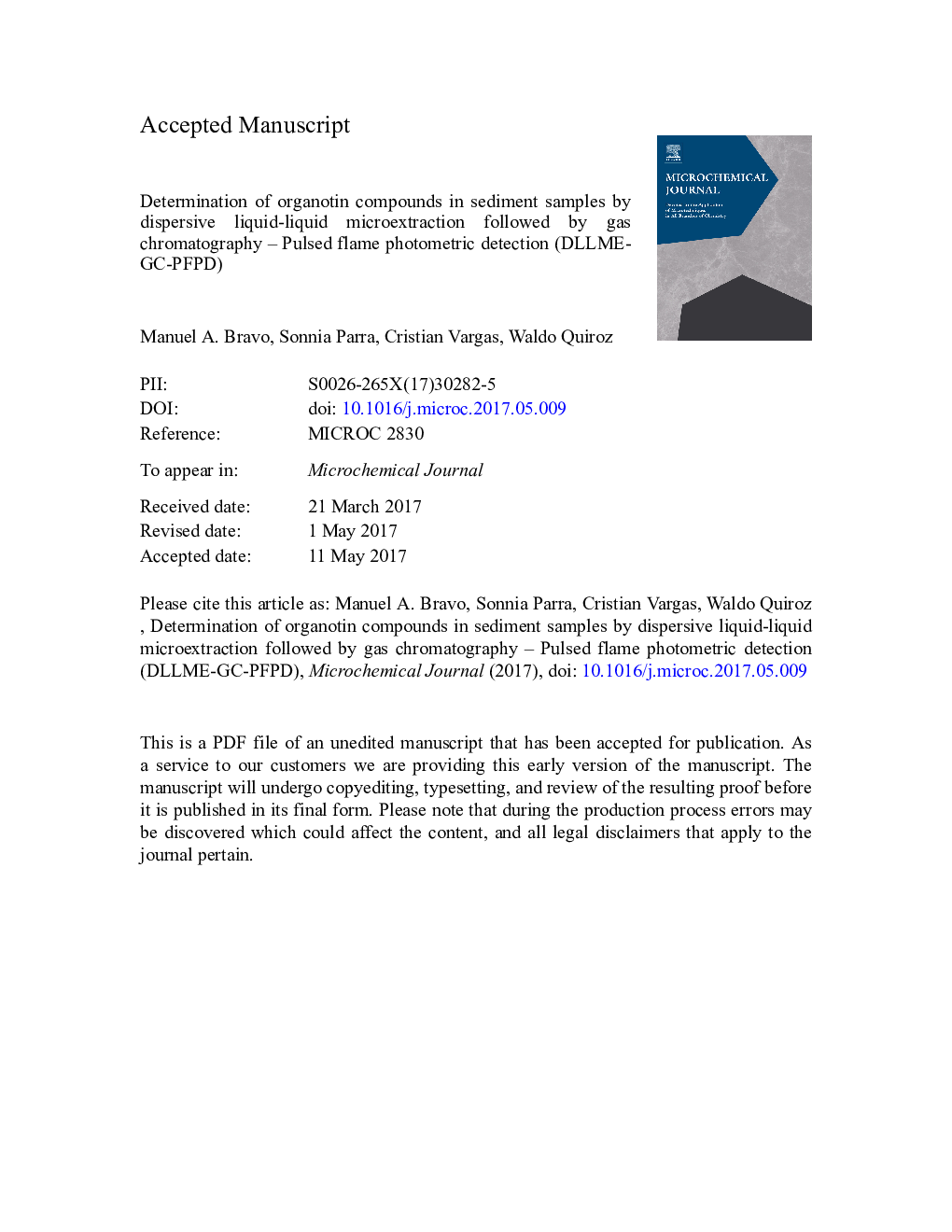 Determination of organotin compounds in sediment samples by dispersive liquid-liquid microextraction followed by gas chromatography - Pulsed flame photometric detection (DLLME-GC-PFPD)