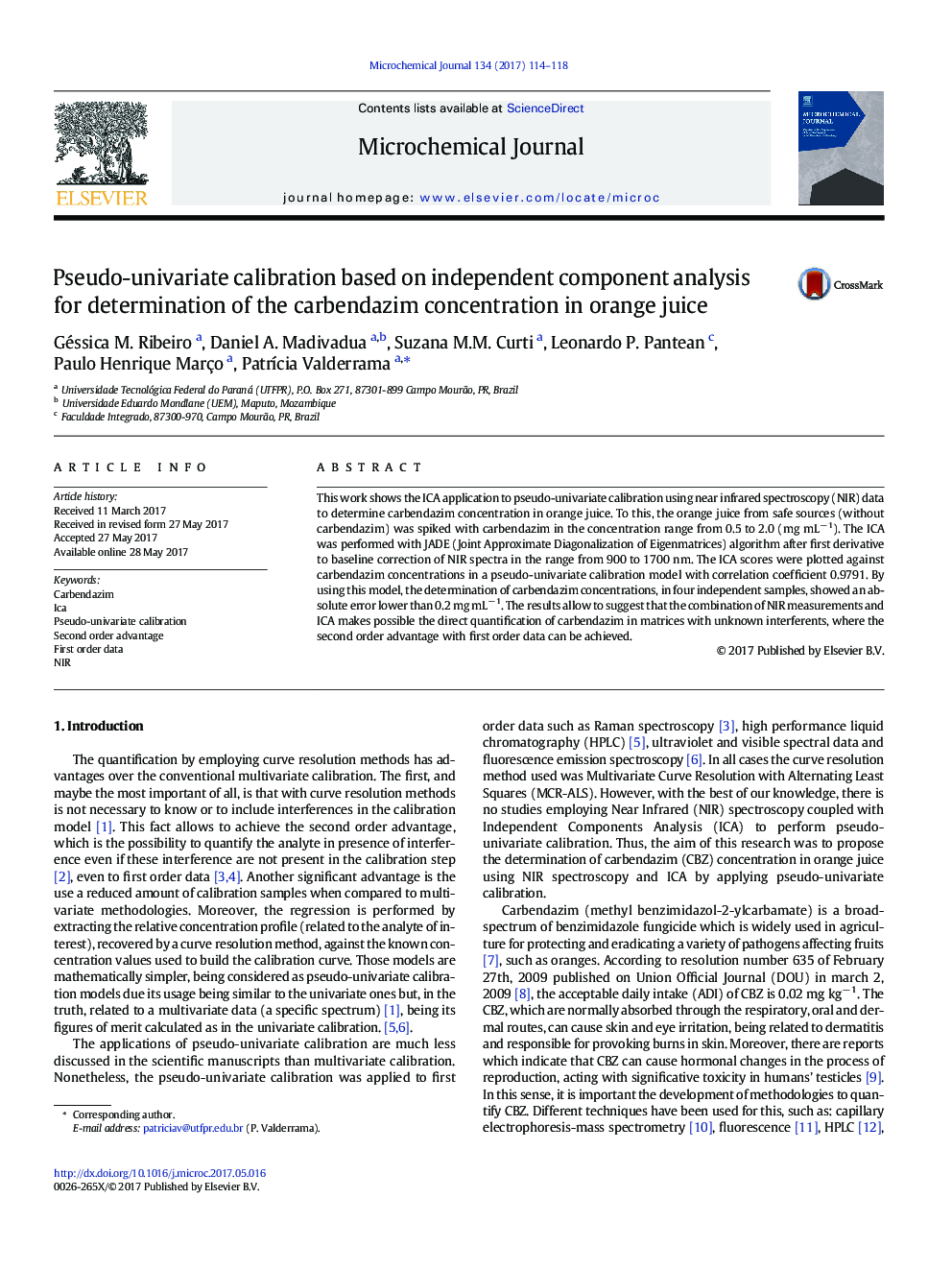 Pseudo-univariate calibration based on independent component analysis for determination of the carbendazim concentration in orange juice