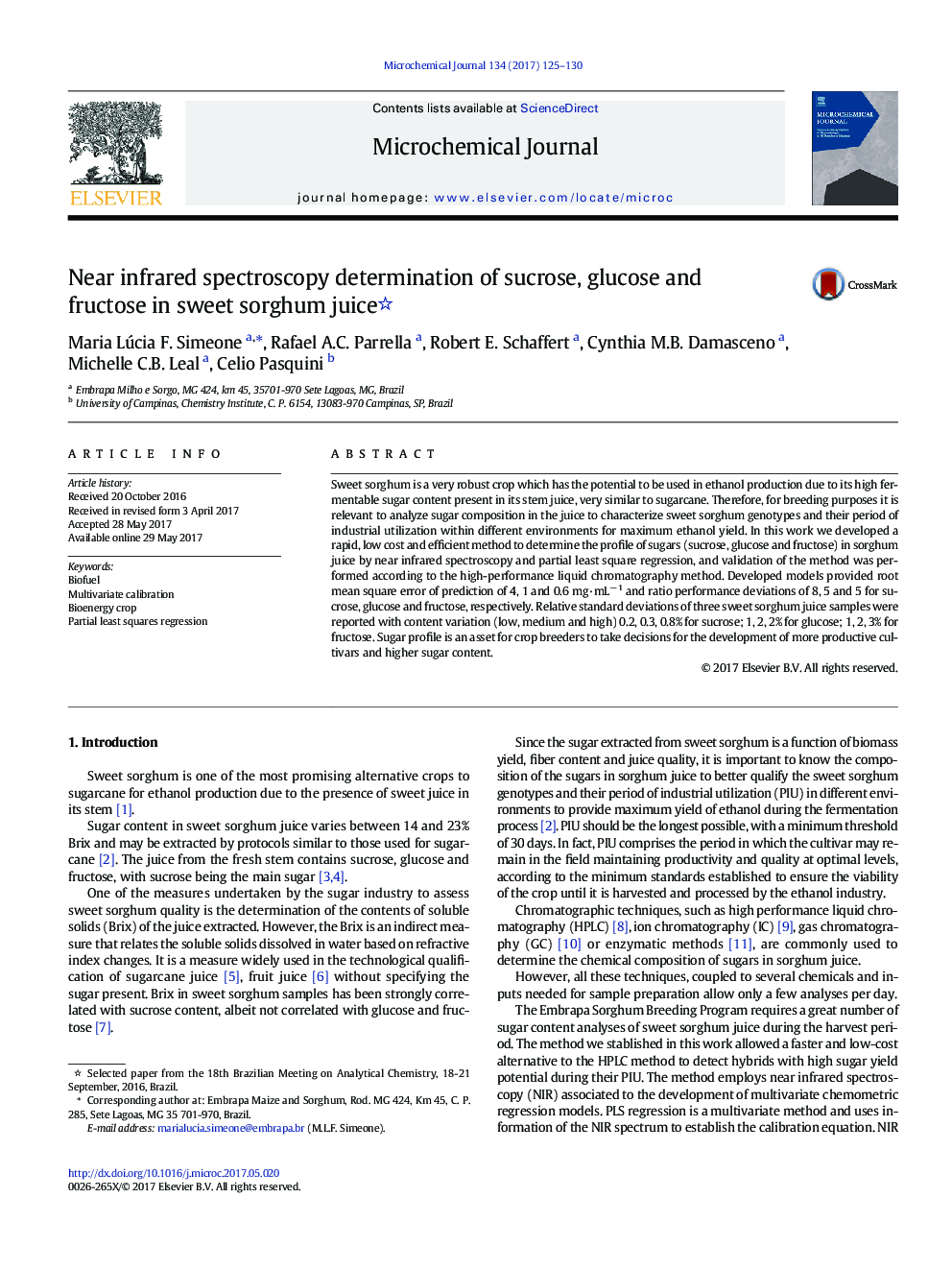 Near infrared spectroscopy determination of sucrose, glucose and fructose in sweet sorghum juice