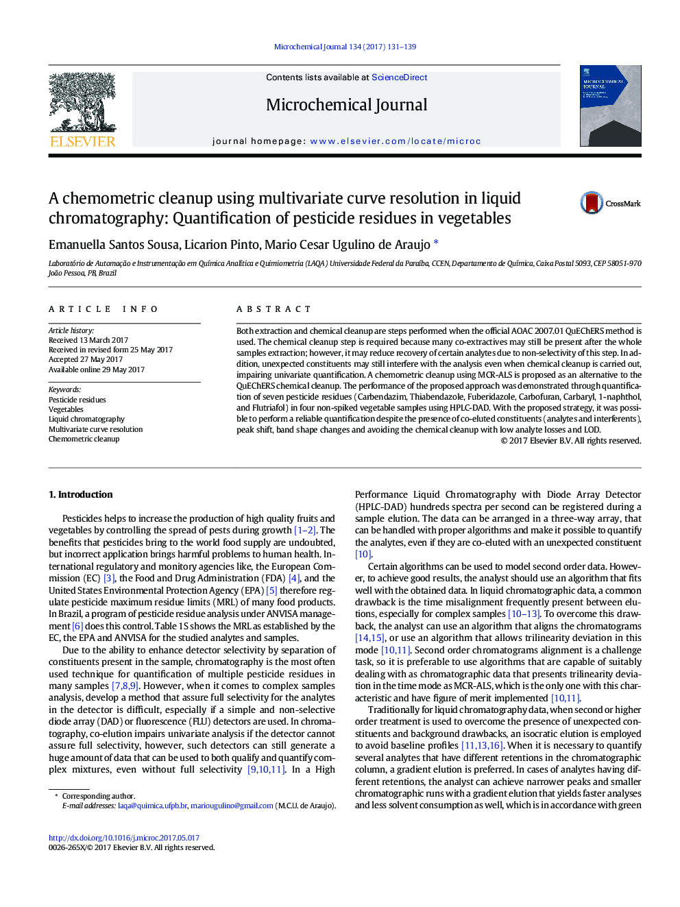 A chemometric cleanup using multivariate curve resolution in liquid chromatography: Quantification of pesticide residues in vegetables