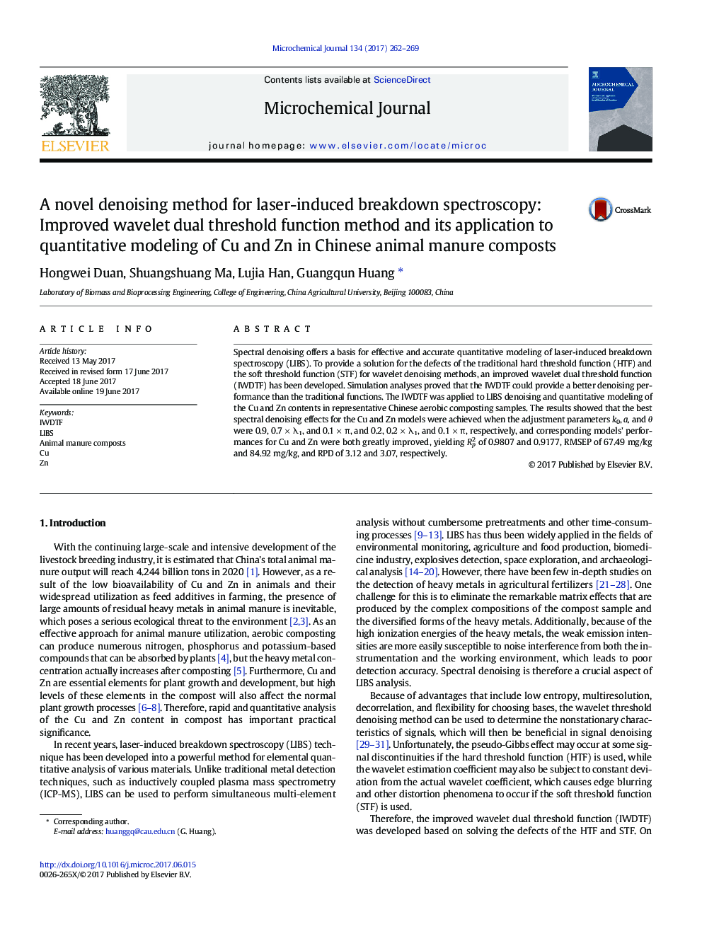 A novel denoising method for laser-induced breakdown spectroscopy: Improved wavelet dual threshold function method and its application to quantitative modeling of Cu and Zn in Chinese animal manure composts