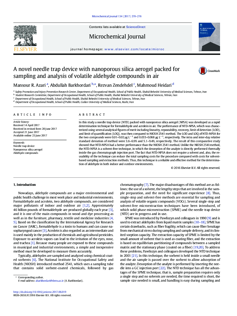 A novel needle trap device with nanoporous silica aerogel packed for sampling and analysis of volatile aldehyde compounds in air