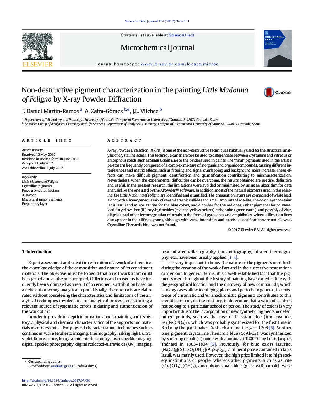 Non-destructive pigment characterization in the painting Little Madonna of Foligno by X-ray Powder Diffraction