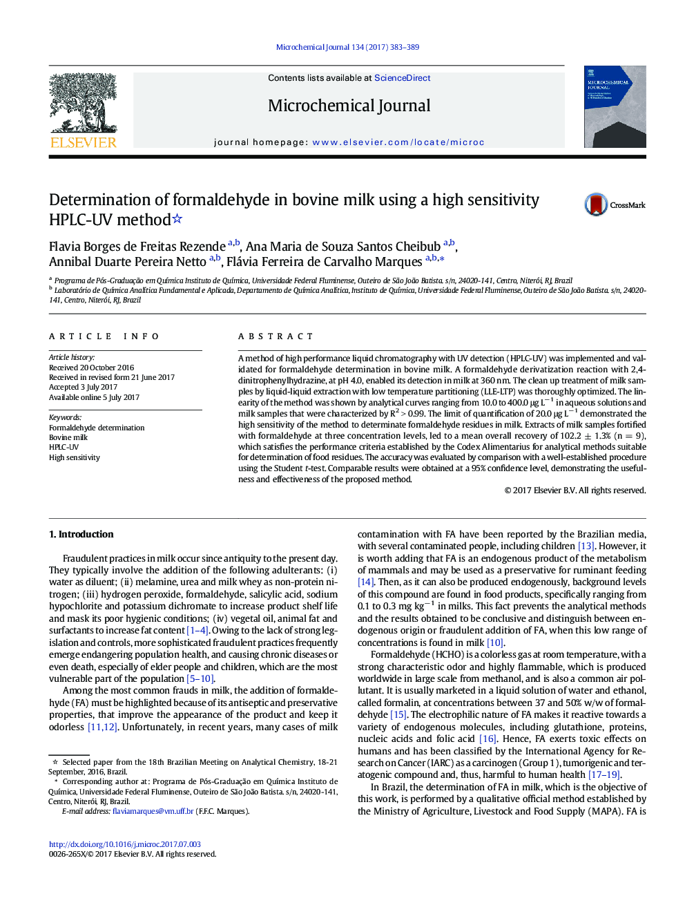 Determination of formaldehyde in bovine milk using a high sensitivity HPLC-UV method