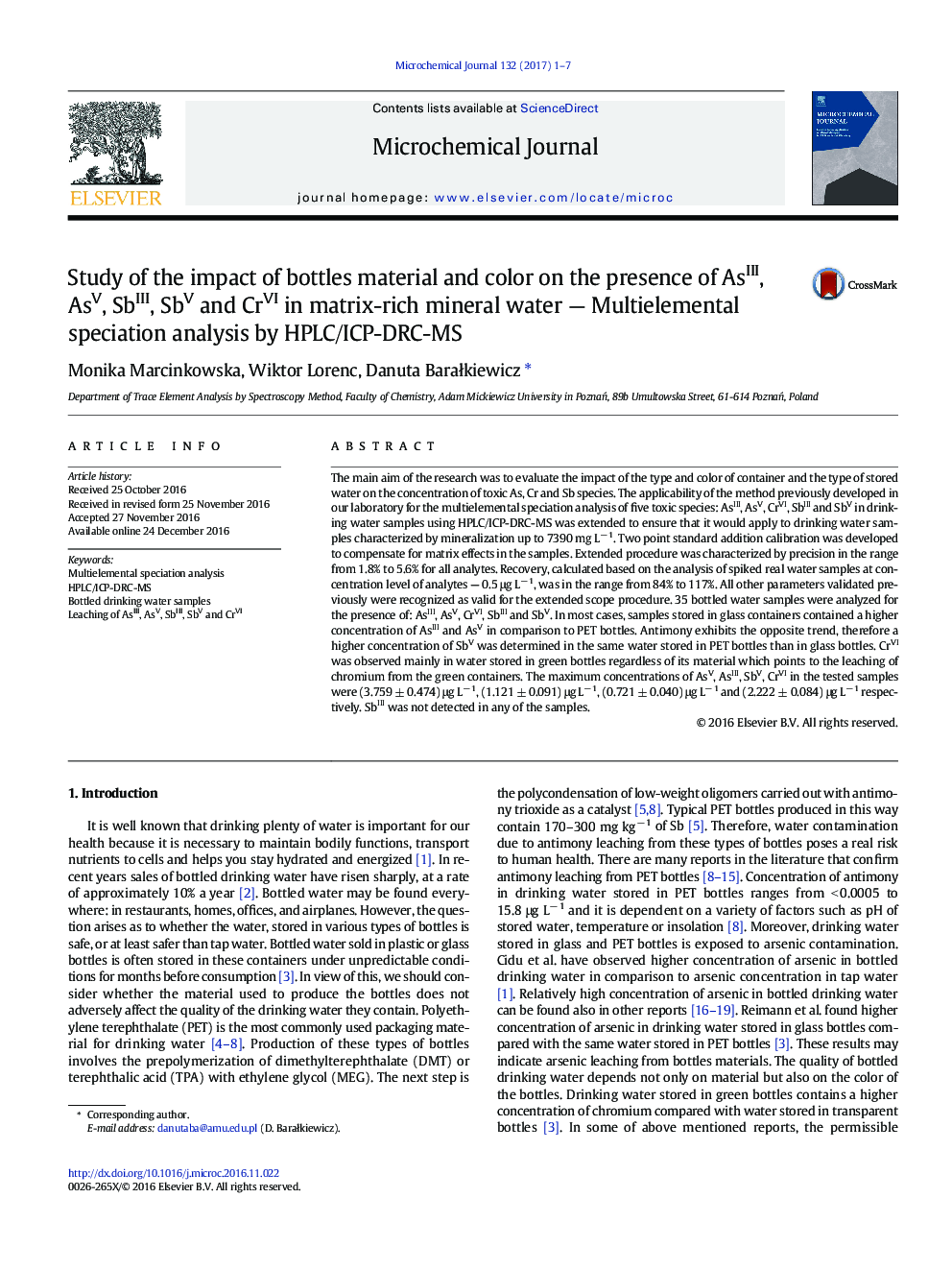 عکس صفحه اول مقاله: Study of the impact of bottles material and color on the presence of AsIII, AsV, SbIII, SbV and CrVI in matrix-rich mineral water - Multielemental speciation analysis by HPLC/ICP-DRC-MS Study of the impact of bottles material and color on the presence of AsIII, AsV, SbIII, SbV and CrVI in matrix-rich mineral water - Multielemental speciation analysis by HPLC/ICP-DRC-MS