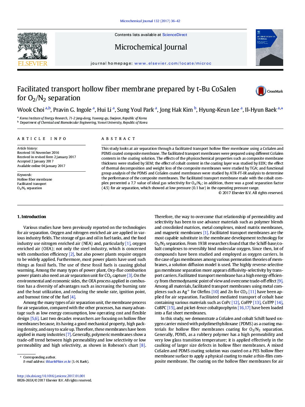 Facilitated transport hollow fiber membrane prepared by t-Bu CoSalen for O2/N2 separation